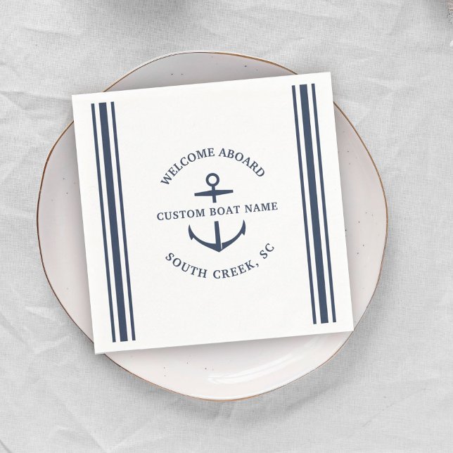 Modern Custom Boat Name Welcome Aboard Anchor Napkins (Creator Uploaded)