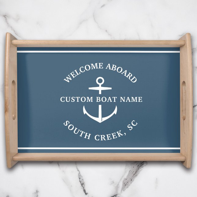 Modern Custom Boat Name Welcome Aboard Anchor Serving Tray (Creator Uploaded)