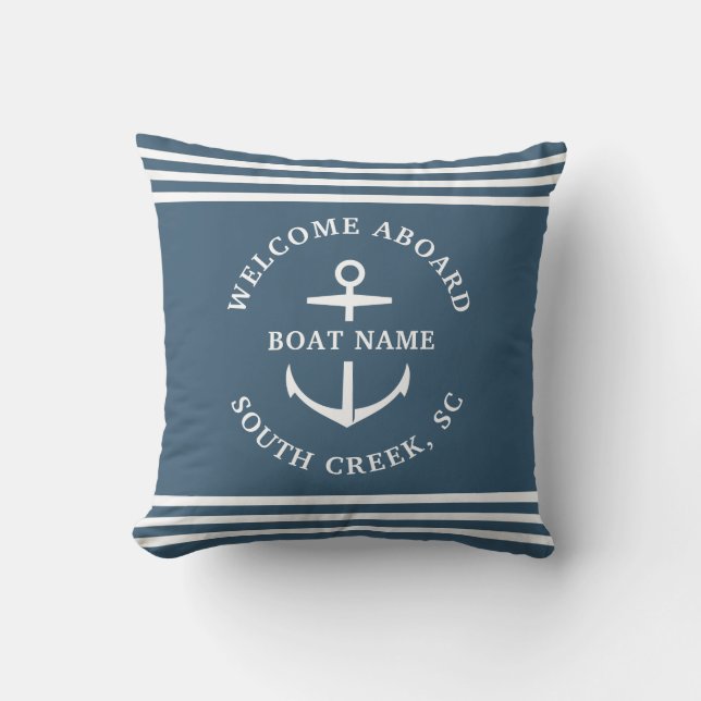 Modern Custom Boat Name Welcome Aboard Anchor Throw Pillow