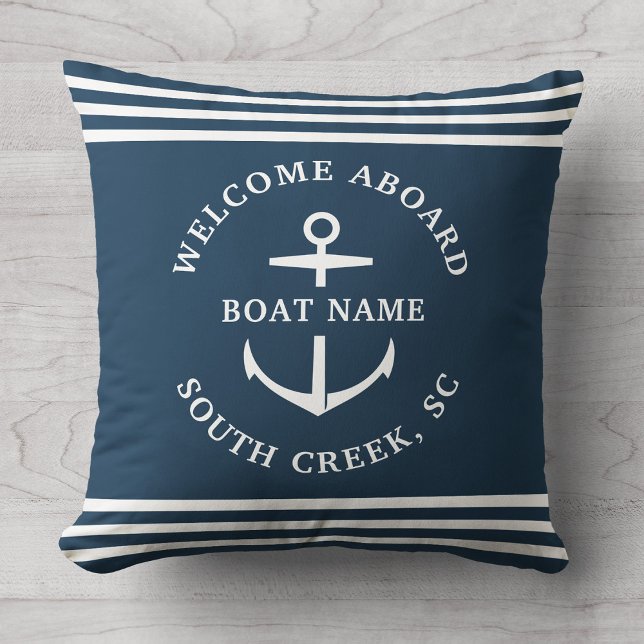 Modern Custom Boat Name Welcome Aboard Anchor Throw Pillow (Creator Uploaded)