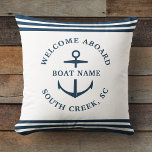 Modern Custom Boat Name Welcome Aboard Anchor Throw Pillow<br><div class="desc">Modern minimalist custom boat name throw pillow in dusty blue with nautical stripes and anchor reading WELCOME ABOARD as well as name of marina,  dock,  yacht club,  or city.</div>