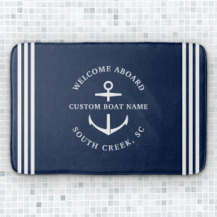 Modern Custom Boat Name Welcome Aboard Nautical Bath Mat