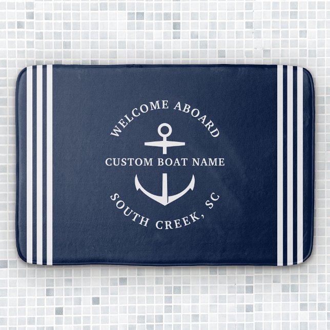 Modern Custom Boat Name Welcome Aboard Nautical Bath Mat (Creator Uploaded)