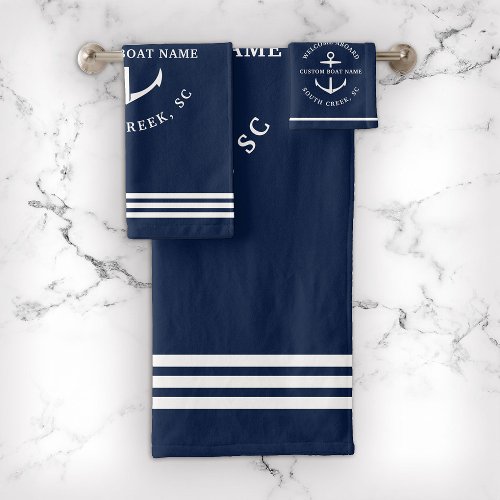 Modern Custom Boat Name Welcome Aboard Nautical Bath Towel Set