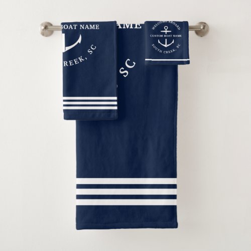 Modern Custom Boat Name Welcome Aboard Nautical Bath Towel Set