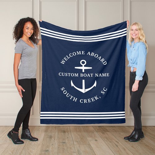 Modern Custom Boat Name Welcome Aboard Nautical Fleece Blanket