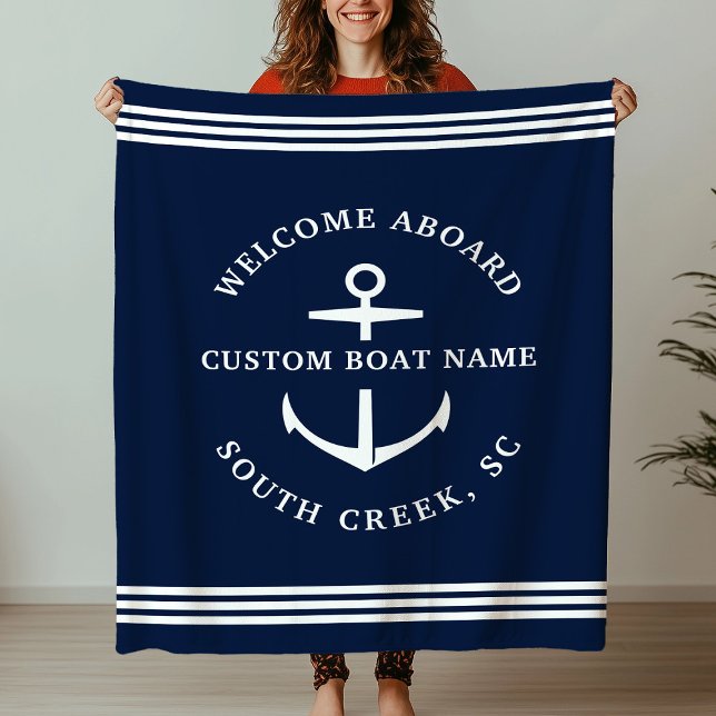 Modern Custom Boat Name Welcome Aboard Nautical Fleece Blanket (Creator Uploaded)