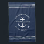 Modern Custom Boat Name Welcome Aboard Nautical Kitchen Towel<br><div class="desc">Nautical boating kitchen towels  in navy blue reading "welcome aboard" as well as your custom boat name and location.</div>