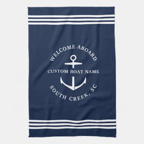 Modern Custom Boat Name Welcome Aboard Nautical Kitchen Towel