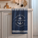 Modern Custom Boat Name Welcome Aboard Nautical Kitchen Towel<br><div class="desc">Nautical boating kitchen towels  in navy blue reading "welcome aboard" as well as your custom boat name and location.</div>