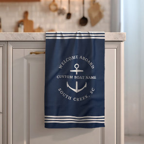 Modern Custom Boat Name Welcome Aboard Nautical Kitchen Towel