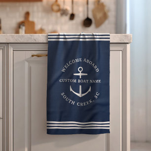 Modern Custom Boat Name Welcome Aboard Nautical Kitchen Towel