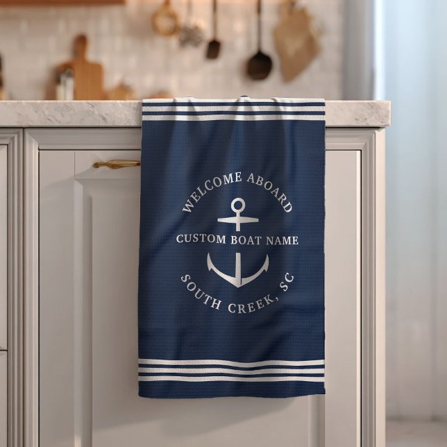 Modern Custom Boat Name Welcome Aboard Nautical Kitchen Towel (Creator Uploaded)