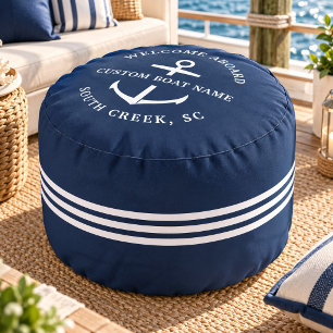Modern Custom Boat Name Welcome Aboard Nautical Pouf