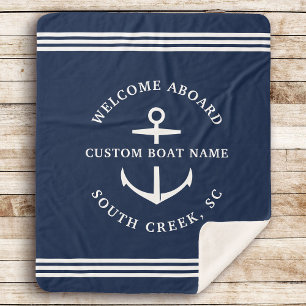 Modern Custom Boat Name Welcome Aboard Nautical Sherpa Blanket