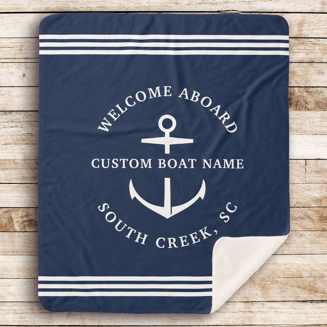 Modern Custom Boat Name Welcome Aboard Nautical Sherpa Blanket (Creator Uploaded)