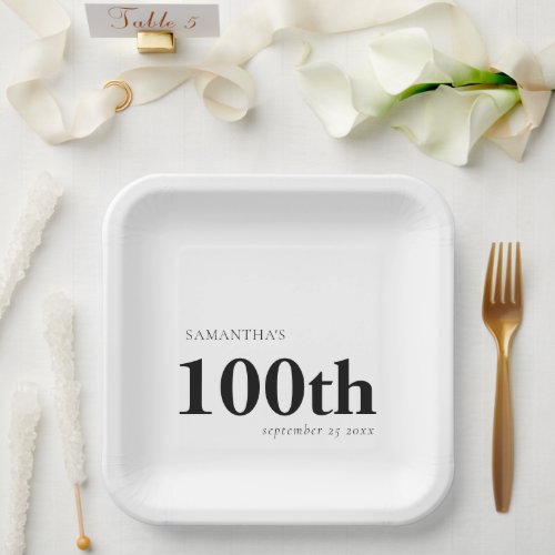 Modern Custom Bold Black Text 100th Name Date  Paper Plates