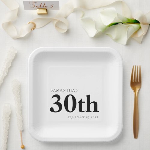 Modern Custom Bold Black Text 30th Name Date  Paper Plates