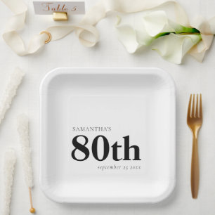 Modern Custom Bold Black Text 80th Name Date  Paper Plates