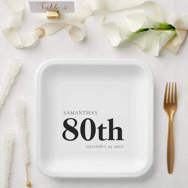 Modern Custom Bold Black Text 80th Name Date  Paper Plates (Wedding)
