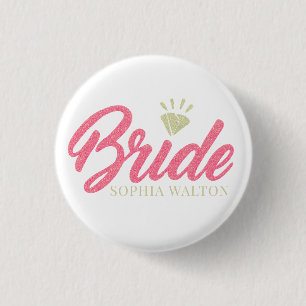 Modern Custom Bride Name Pink Glittery Diamond Button