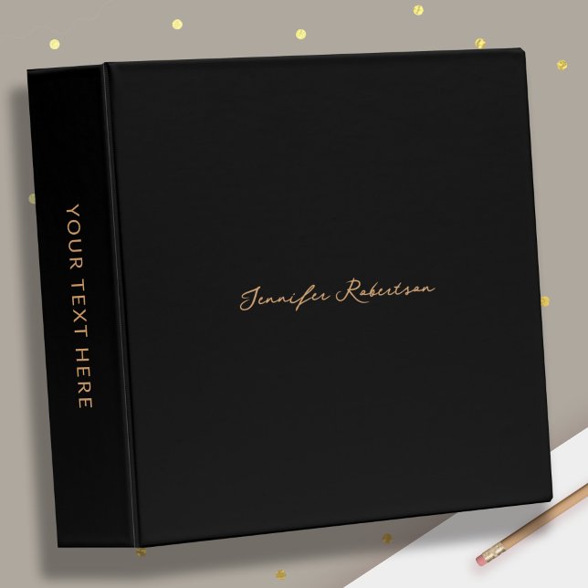 Modern Custom Bronze Gold Name Script Chic Black  3 Ring Binder (Creator Uploaded)