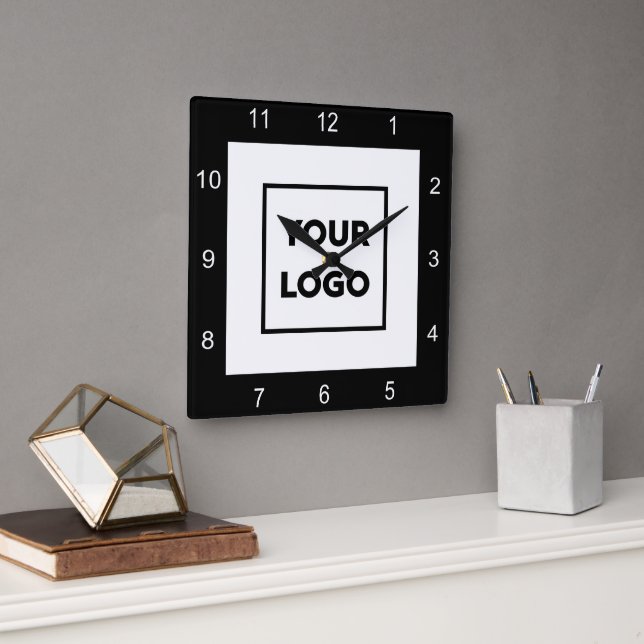 Modern Custom Business Logo Black White Square Wall Clock (Office)