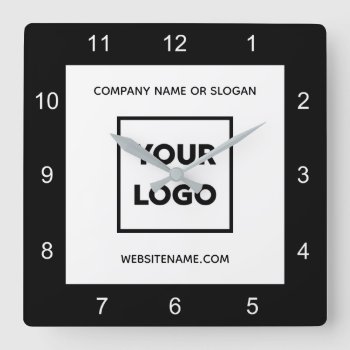 Modern Custom Business Logo Text Black White Square Wall Clock by RocklawnArts at Zazzle