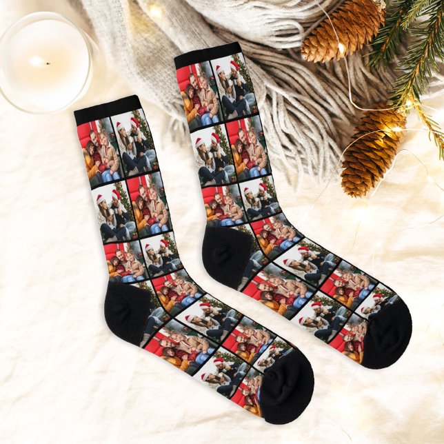 Modern Custom Christmas Couple 2 Photo Grid Socks (Creator Uploaded)