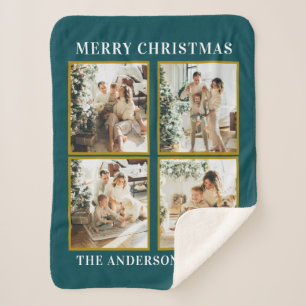 Modern Custom Christmas Family Photo Collage Teal Sherpa Blanket