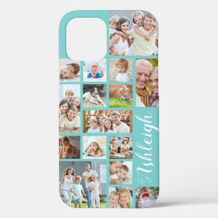 Modern Custom Color 16 Photo Collage Aqua Teal iPhone 12 Case