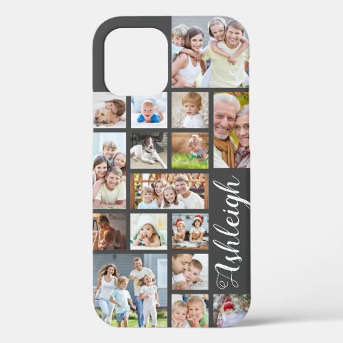 Modern Custom Color 16 Photo Collage Script Name iPhone 12 Case
