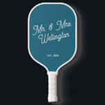 Modern Custom Color Teal Script Wedding Couple  Pickleball Paddle<br><div class="desc">Modern Pickleball Paddle in bold teal blue with the couple's family name in modern script font for a Pickleball wedding,  wedding anniversary or other celebration. Fully customizable color and text.</div>