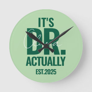 Modern Custom Dr. Name Date Dark Green Button Round Clock