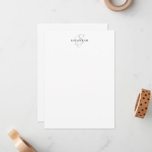Modern Custom Elegant Script Monogram Blush Blue Note Card (Front/Back In Situ)