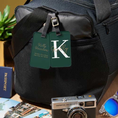 Modern Custom Emerald Green Monogram Script Luggage Tag