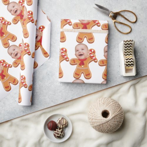 Modern Custom Face Photo Gingerbread Xmas baby Wrapping Paper