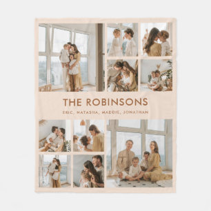 Modern Custom Family Name 10 Photo Collage Fleece Blanket