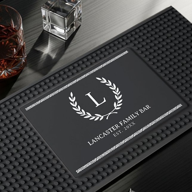 Modern Custom Family Name Initial Monogram Wreath  Bar Mat (Creator Uploaded)