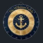 Modern Custom Family Name Nautical Blue and Gold Dart Board<br><div class="desc">This nautical themed dartboard in navy blue and gold makes an elegant addition to any family rec room and a great birthday or holiday gift. Personalize it with your family name or text of your choice.</div>