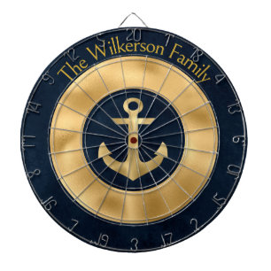 Modern Custom Family Name Nautical Blue and Gold Dart Board