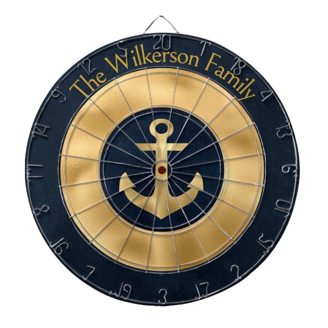 Modern Custom Family Name Nautical Blue and Gold Dart Board (Front)