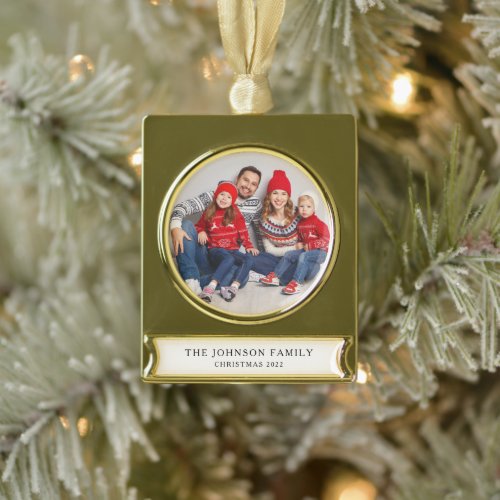 Modern Custom Family Photo Christmas Gold Plated Banner Ornament