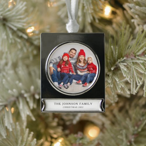 Modern Custom Family Photo Christmas Silver Plated Banner Ornament
