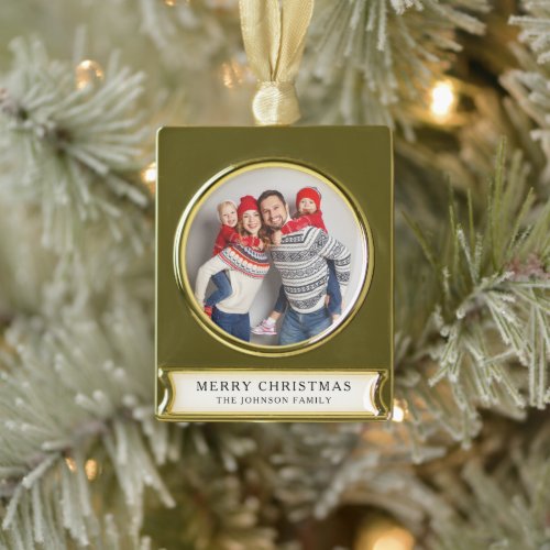 Modern Custom Family Photo Merry Christmas Gold Plated Banner Ornament