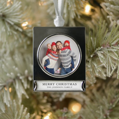 Modern Custom Family Photo Merry Christmas Silver Plated Banner Ornament