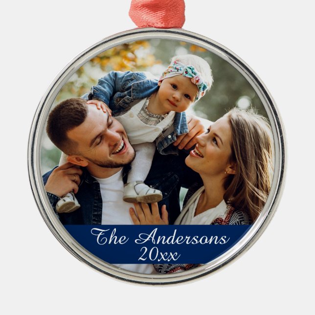 Modern Custom Family Photo Silver Metal Ornament (Front)
