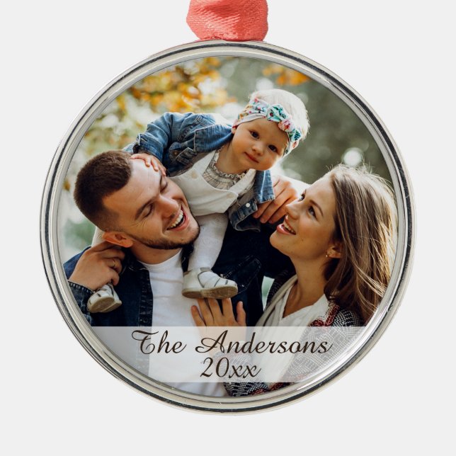 Modern Custom Family Photo Silver Metal Ornament (Front)