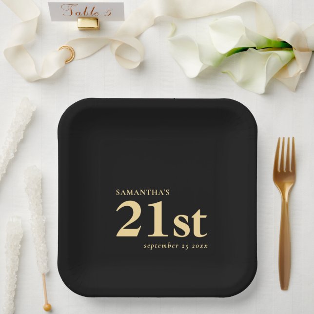 Modern Custom Gold Black 21st Name Date Paper Plates (Wedding)