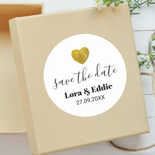 Modern Custom Gold Heart Wedding Save The Date Classic Round Sticker